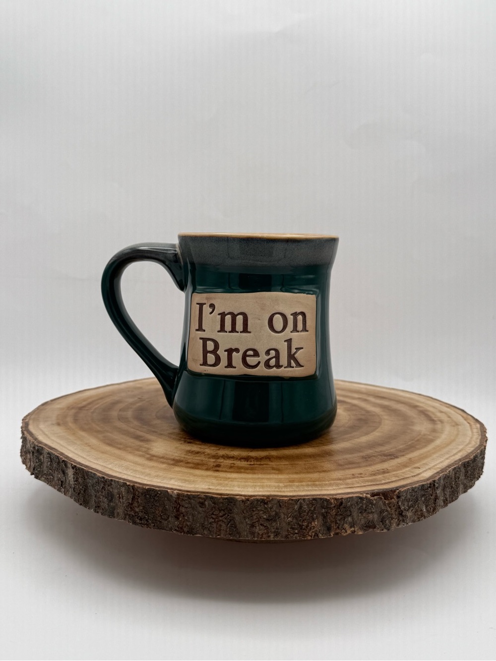 Vintage Tumbleweed Pottery “I’m On Break” 18 oz Handmade Stoneware Mug Green/Tan
